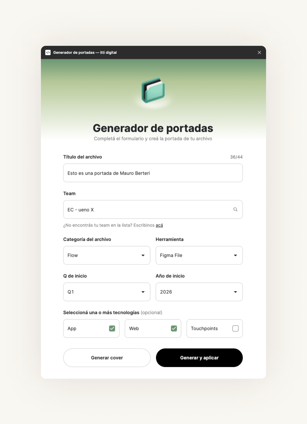 Plugin Generador de portadas en Figma: formulario para completar metadatos de la cover